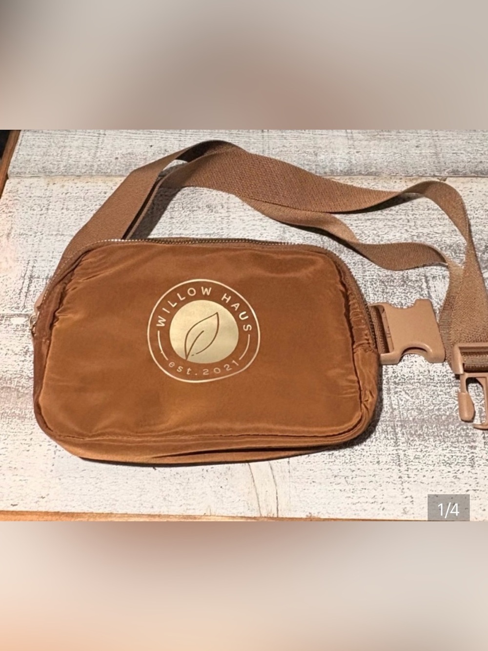 Willow Haus /Tan Belt Bag with Gold Logo.